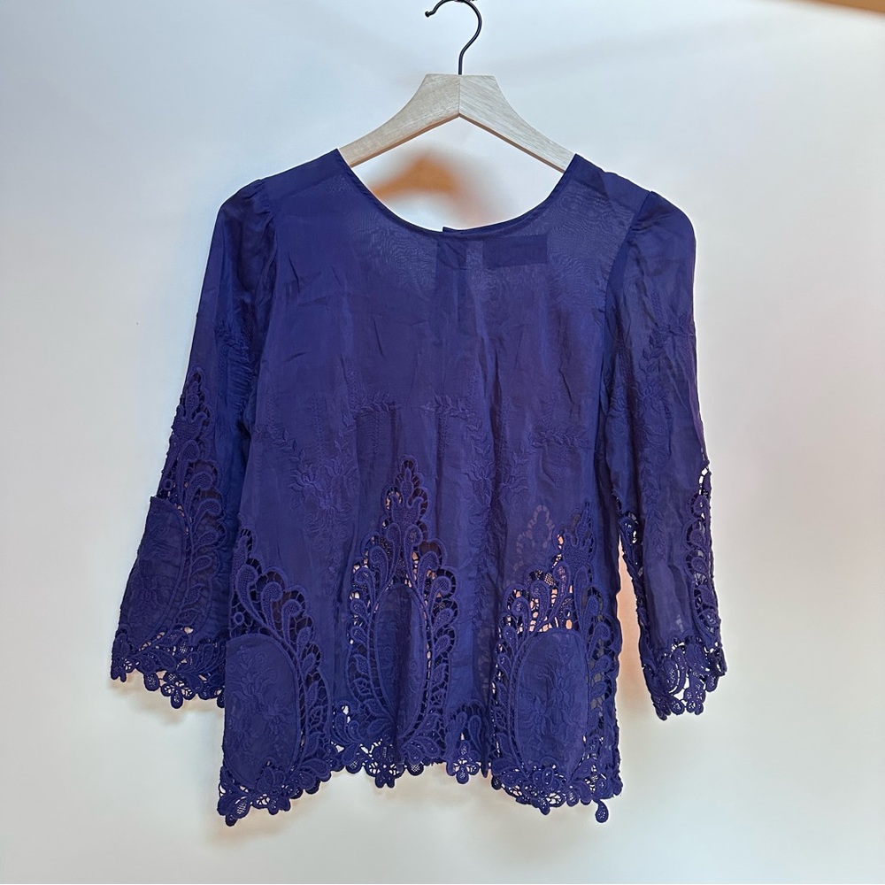 Anthropologie Dolce Vita Navy Blue Silk Cotton Lace Blouse 3/4 Sleeve Size XS
